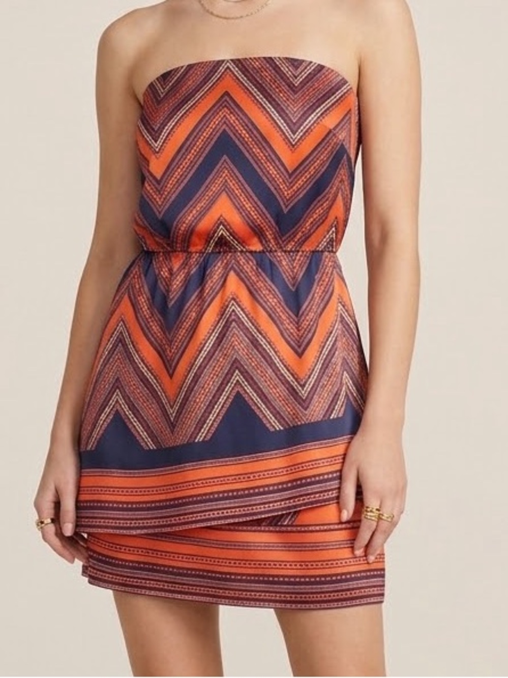Express Strapless Mini Dress Orange Navy Blue Chevron Geometric Tiered Size M